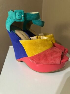 Gianni Bini Multicolor Suede Wedge Sandals - Teal, Blue, Yellow, Coral, Pink